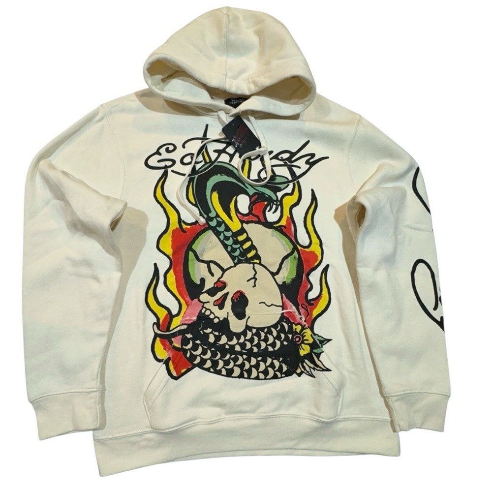 Ed Hardy NWT Snake Skull Hoodie M Ivory Graphic Y2K Streetwear DEH Pullover